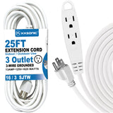 Kasonic 25 Feet 3 Outlet Extension Cord, UL Listed, 16/3 SJTW 3-Wire Grounded, 13 Amp 125 V 1625 Watts - kasonicdeal