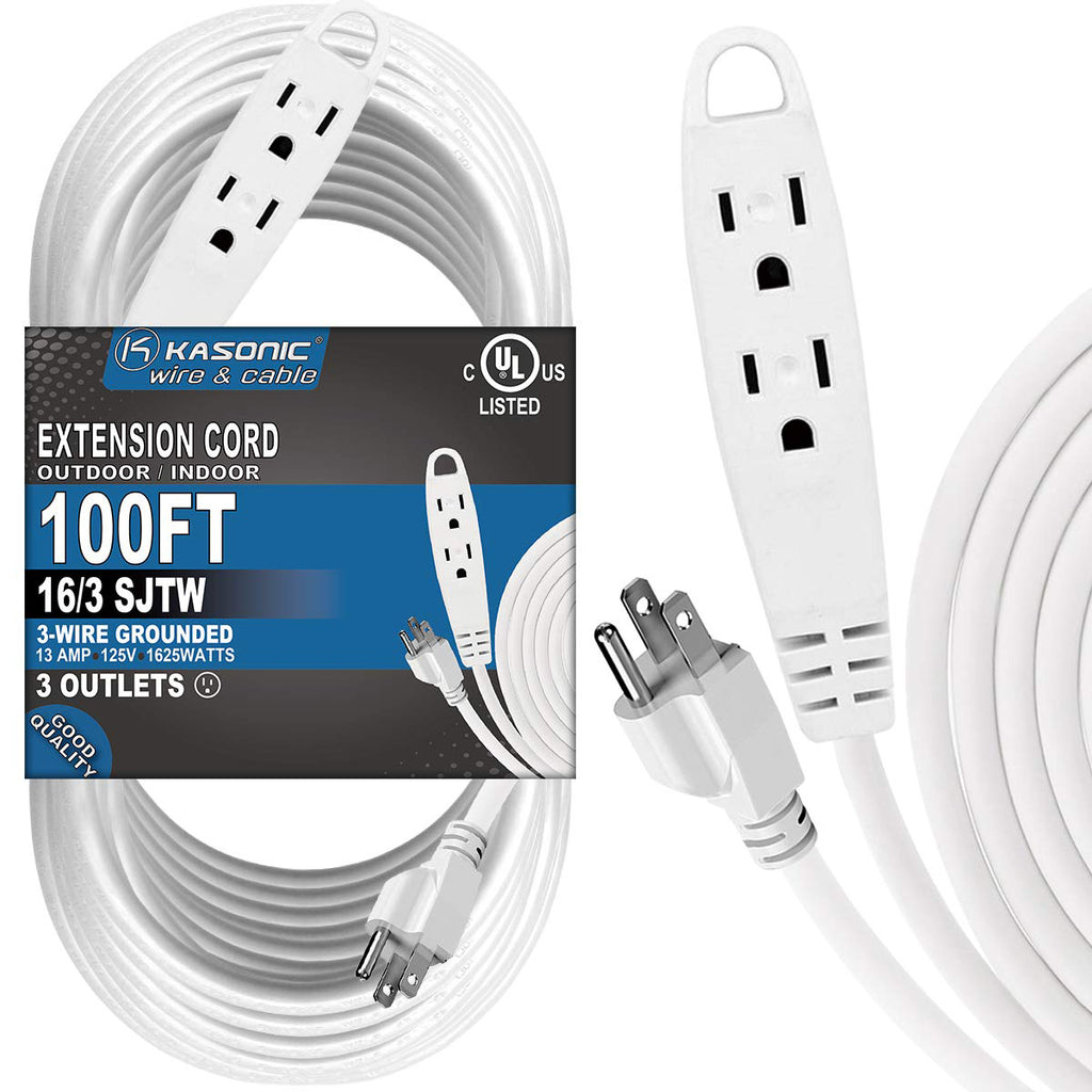 Kasonic 100 Feet 3 Outlet Extension Cord, UL Listed, 16/3 SJTW 3-Wire Grounded, 13 Amp 125 V 1625 Watts - kasonicdeal